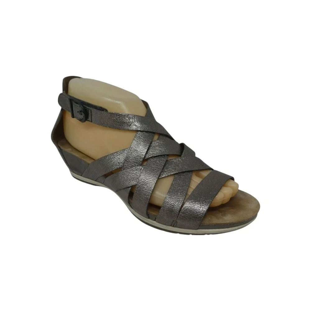 Dansko Vivian Gladiator Wedge‎ Sandals Women 37 Pewter Metallic Leather Strappy